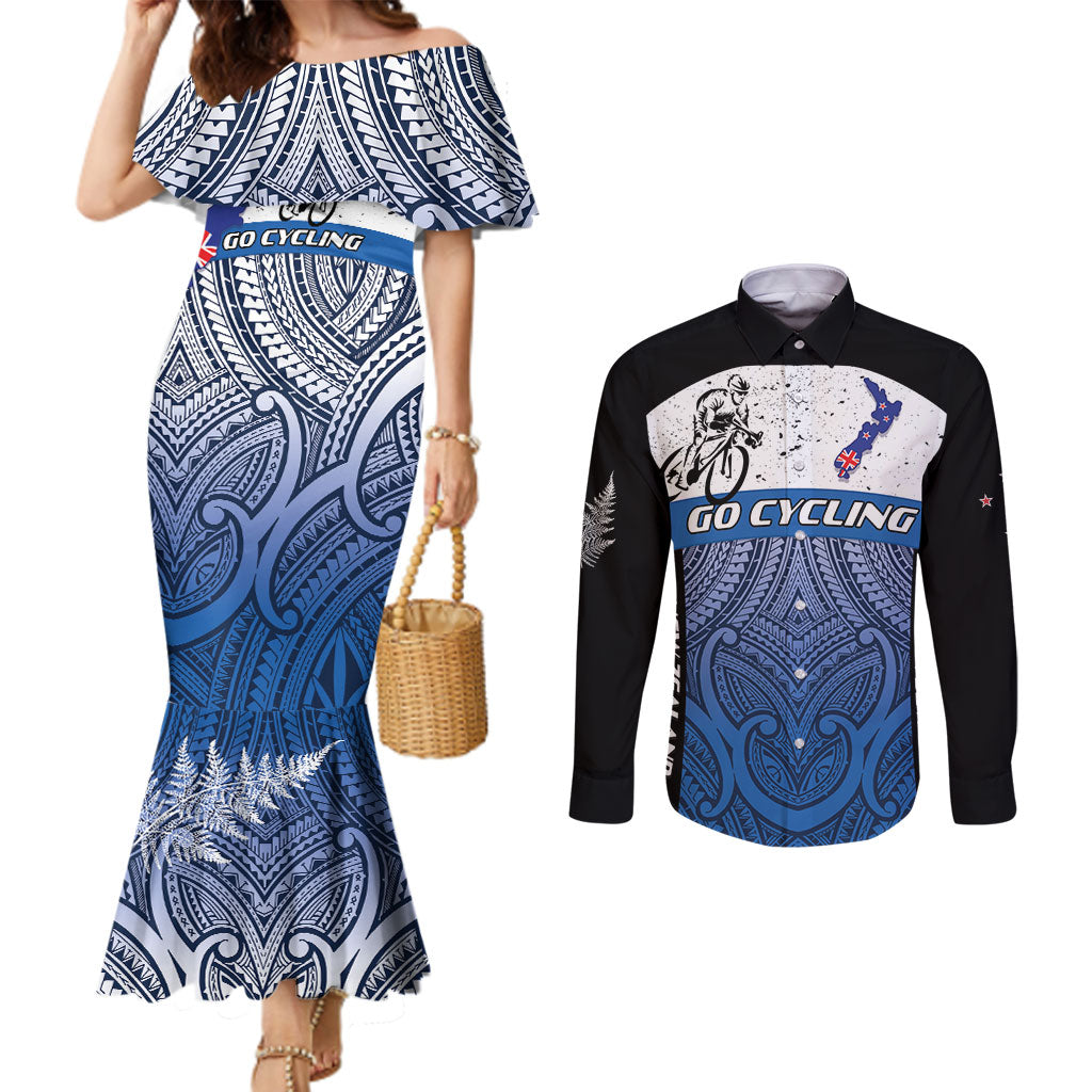 Personalised Cycling New Zealand Couples Matching Mermaid Dress and Long Sleeve Button Shirt Aotearoa Map Fern Maori Pattern LT22 Blue - Polynesian Pride