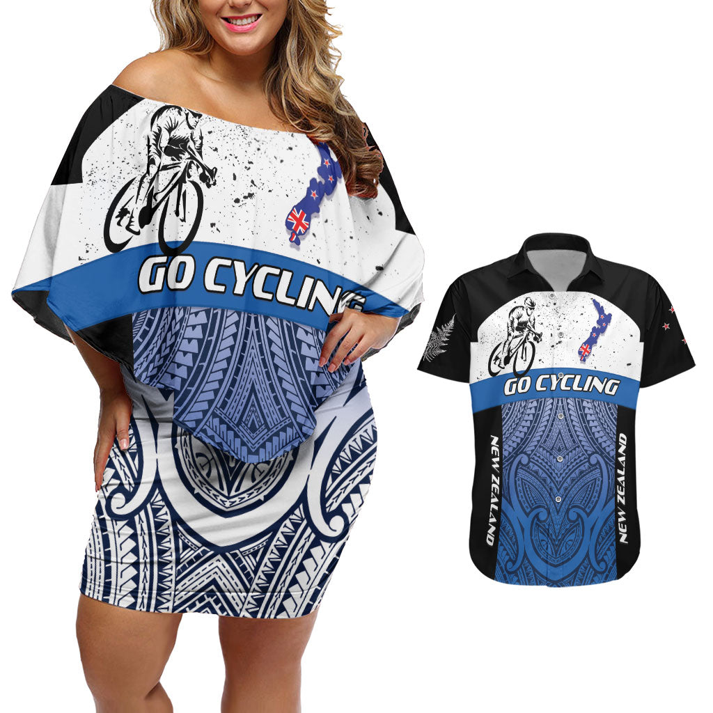 Personalised Cycling New Zealand Couples Matching Off Shoulder Short Dress and Hawaiian Shirt Aotearoa Map Fern Maori Pattern LT22 Blue - Polynesian Pride