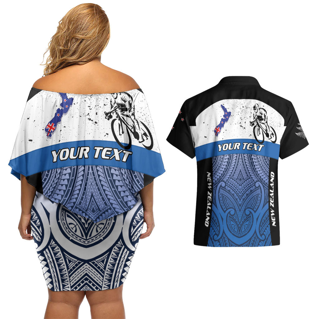 Personalised Cycling New Zealand Couples Matching Off Shoulder Short Dress and Hawaiian Shirt Aotearoa Map Fern Maori Pattern LT22 - Polynesian Pride