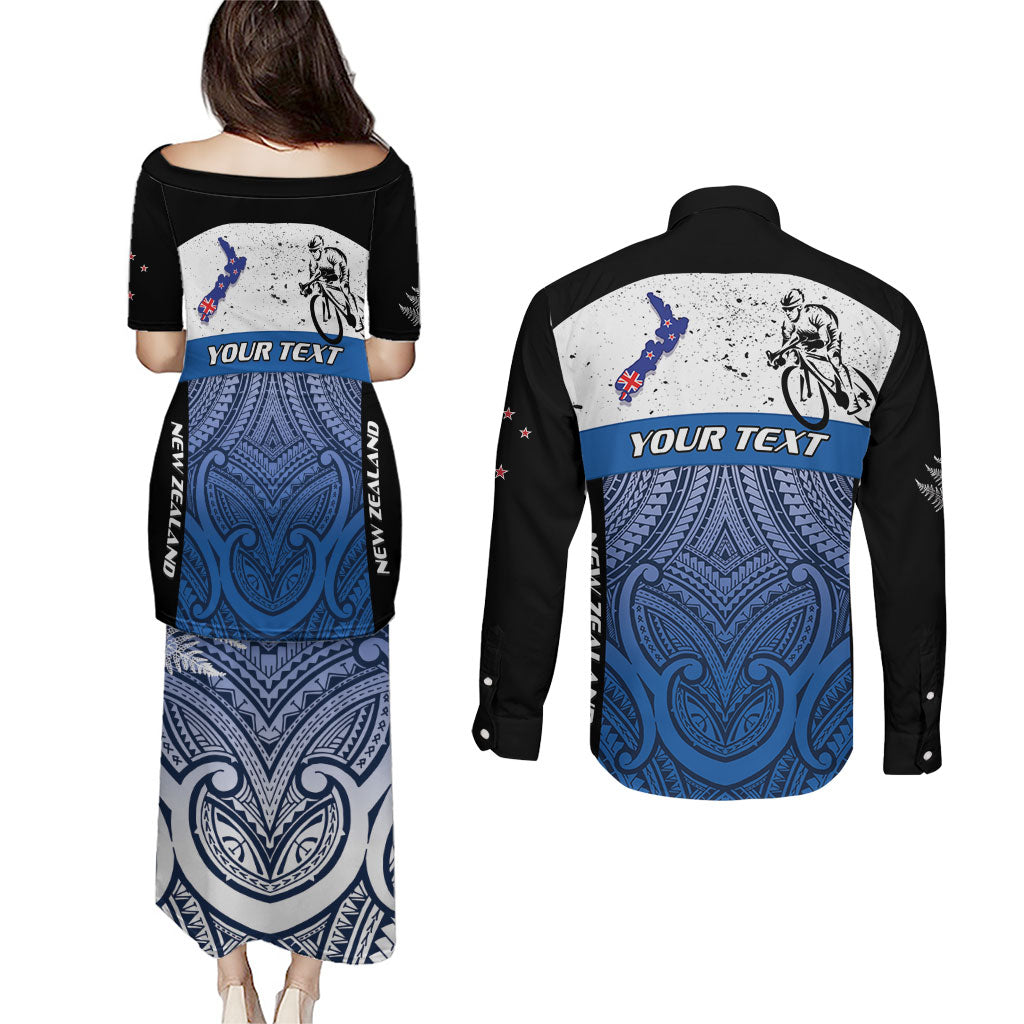 Personalised Cycling New Zealand Couples Matching Puletasi and Long Sleeve Button Shirt Aotearoa Map Fern Maori Pattern LT22 - Polynesian Pride