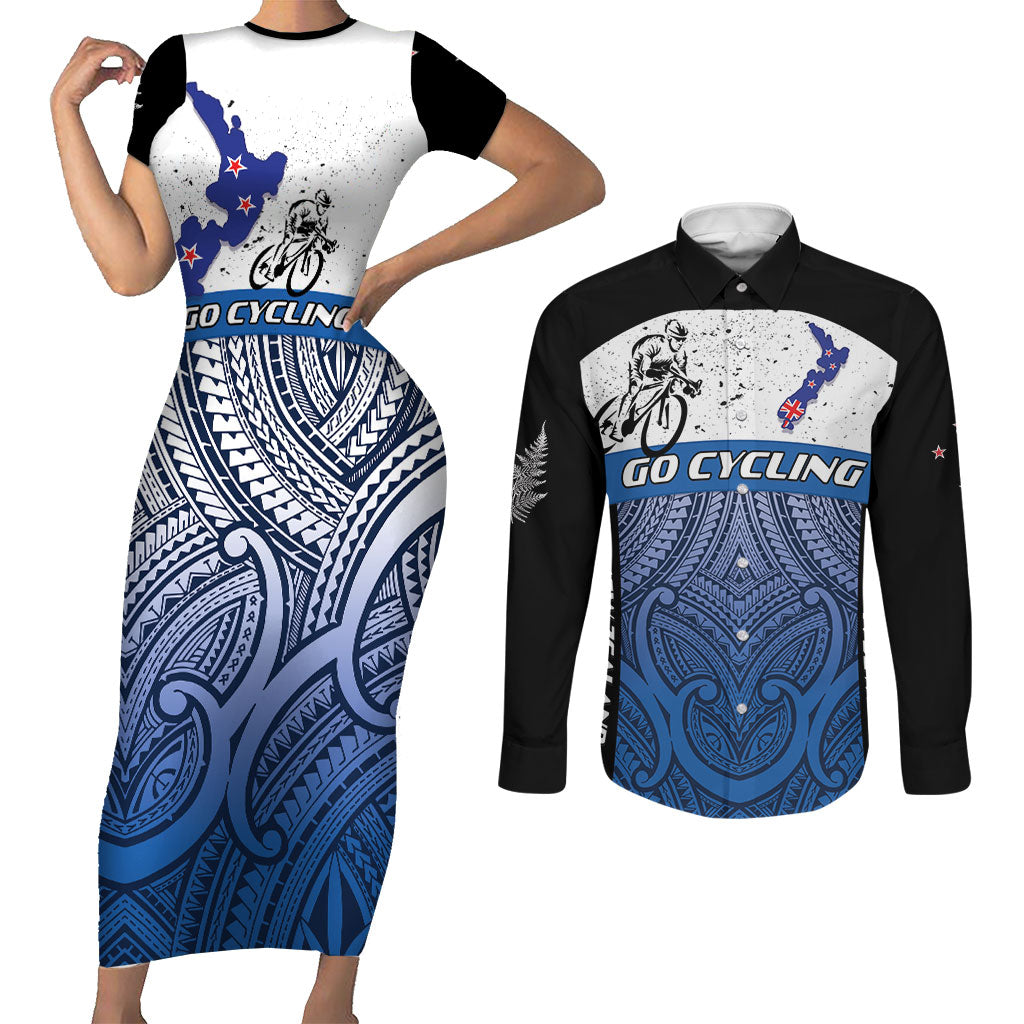 Personalised Cycling New Zealand Couples Matching Short Sleeve Bodycon Dress and Long Sleeve Button Shirt Aotearoa Map Fern Maori Pattern LT22 Blue - Polynesian Pride