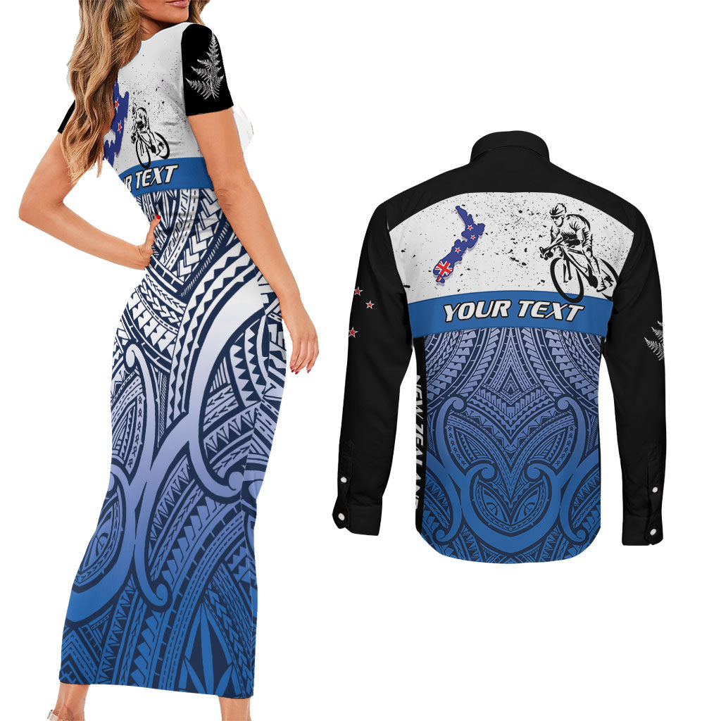 Personalised Cycling New Zealand Couples Matching Short Sleeve Bodycon Dress and Long Sleeve Button Shirt Aotearoa Map Fern Maori Pattern LT22 - Polynesian Pride