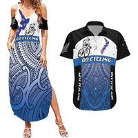 Personalised Cycling New Zealand Couples Matching Summer Maxi Dress and Hawaiian Shirt Aotearoa Map Fern Maori Pattern LT22 Blue - Polynesian Pride