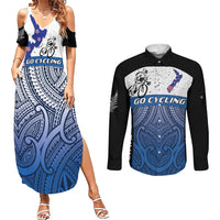 Personalised Cycling New Zealand Couples Matching Summer Maxi Dress and Long Sleeve Button Shirt Aotearoa Map Fern Maori Pattern LT22 Blue - Polynesian Pride