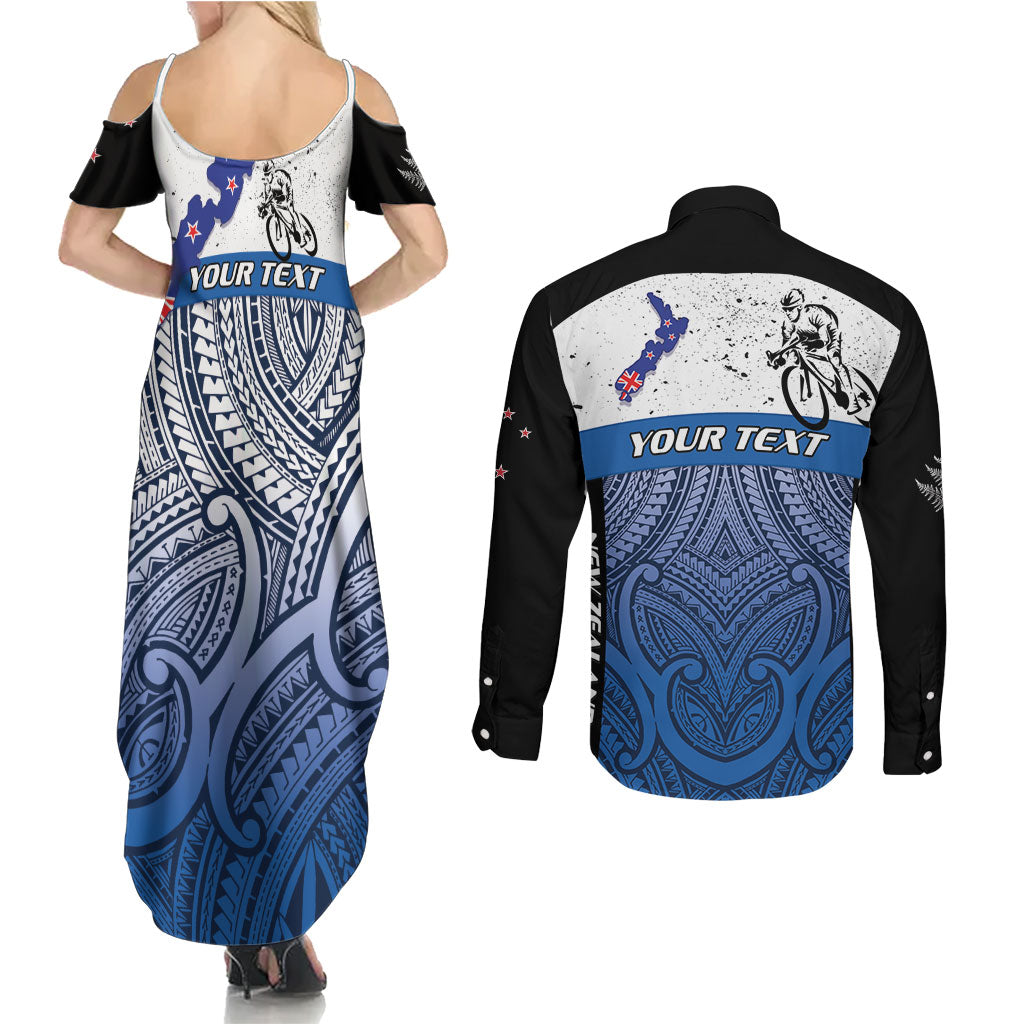 Personalised Cycling New Zealand Couples Matching Summer Maxi Dress and Long Sleeve Button Shirt Aotearoa Map Fern Maori Pattern LT22 - Polynesian Pride