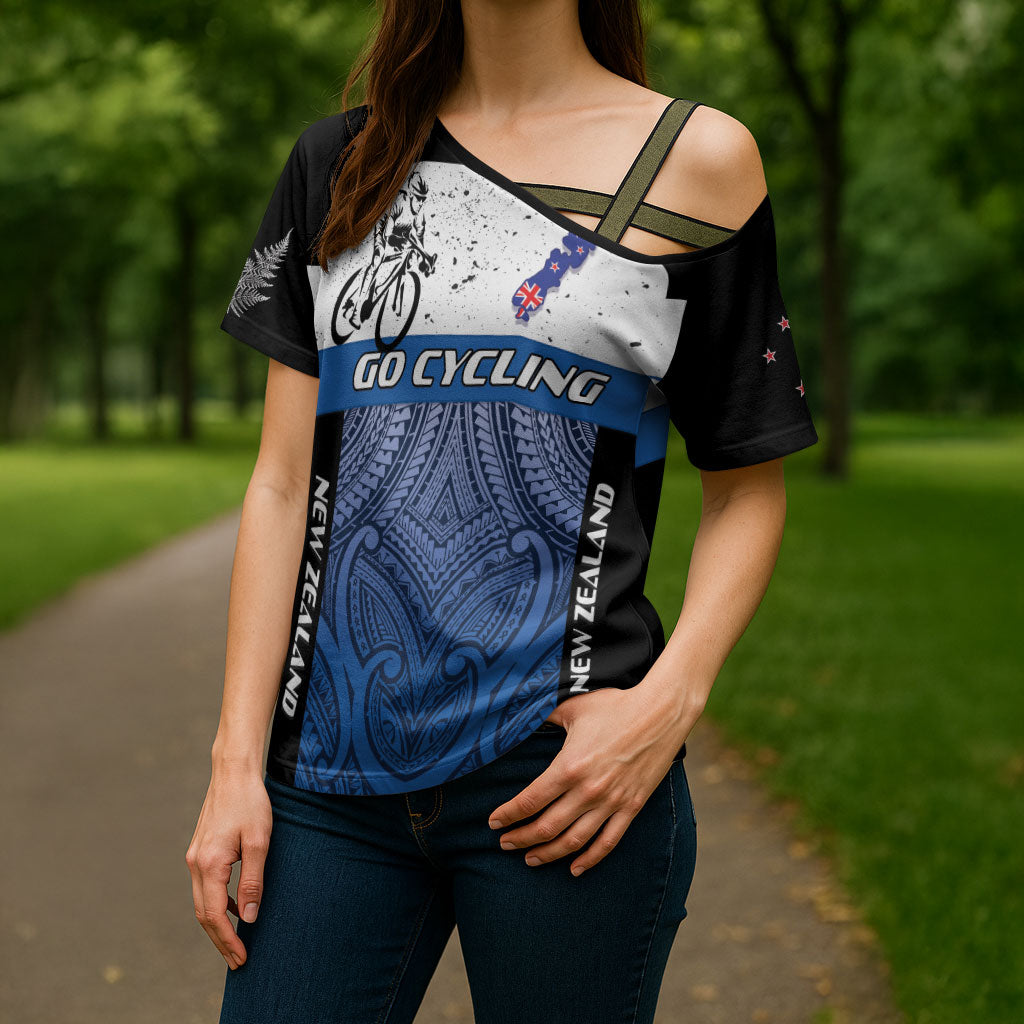 Personalised Cycling New Zealand Cross Shoulder Shirt Aotearoa Map Fern Maori Pattern