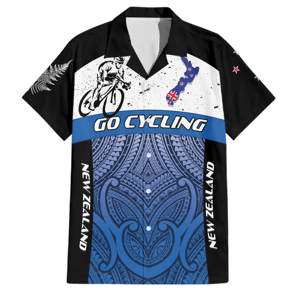 Personalised Cycling New Zealand Family Matching Long Sleeve Bodycon Dress and Hawaiian Shirt Aotearoa Map Fern Maori Pattern LT22 Dad's Shirt - Short Sleeve Blue - Polynesian Pride