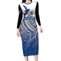 Personalised Cycling New Zealand Family Matching Long Sleeve Bodycon Dress and Hawaiian Shirt Aotearoa Map Fern Maori Pattern LT22 Mom's Dress Blue - Polynesian Pride