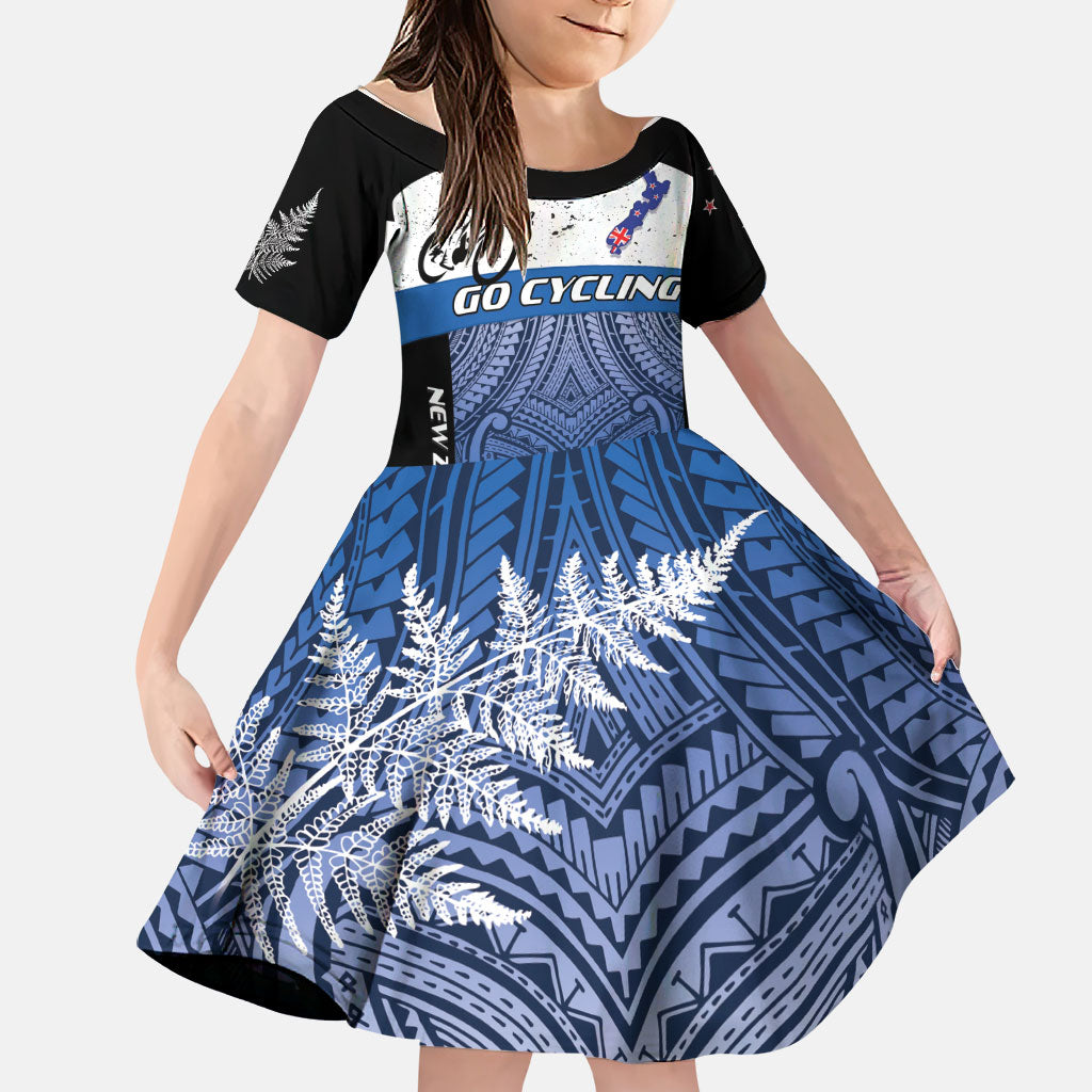 Personalised Cycling New Zealand Family Matching Short Sleeve Bodycon Dress and Hawaiian Shirt Aotearoa Map Fern Maori Pattern LT22 Daughter's Dress Blue - Polynesian Pride