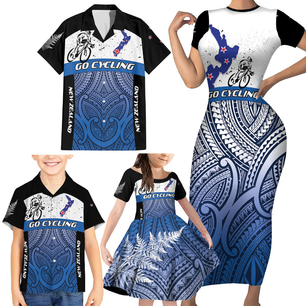Personalised Cycling New Zealand Family Matching Short Sleeve Bodycon Dress and Hawaiian Shirt Aotearoa Map Fern Maori Pattern LT22 - Polynesian Pride