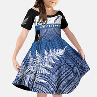 Personalised Cycling New Zealand Family Matching Summer Maxi Dress and Hawaiian Shirt Aotearoa Map Fern Maori Pattern LT22 Daughter's Dress Blue - Polynesian Pride
