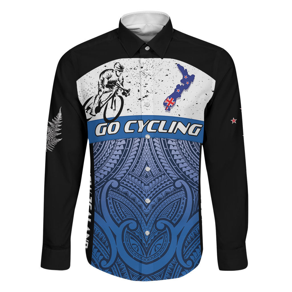 Personalised Cycling New Zealand Family Matching Summer Maxi Dress and Hawaiian Shirt Aotearoa Map Fern Maori Pattern LT22 Dad's Shirt - Long Sleeve Blue - Polynesian Pride