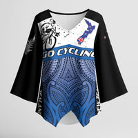 Personalised Cycling New Zealand Kimono Sleeve Blouse Aotearoa Map Fern Maori Pattern LT22 Female Blue - Polynesian Pride