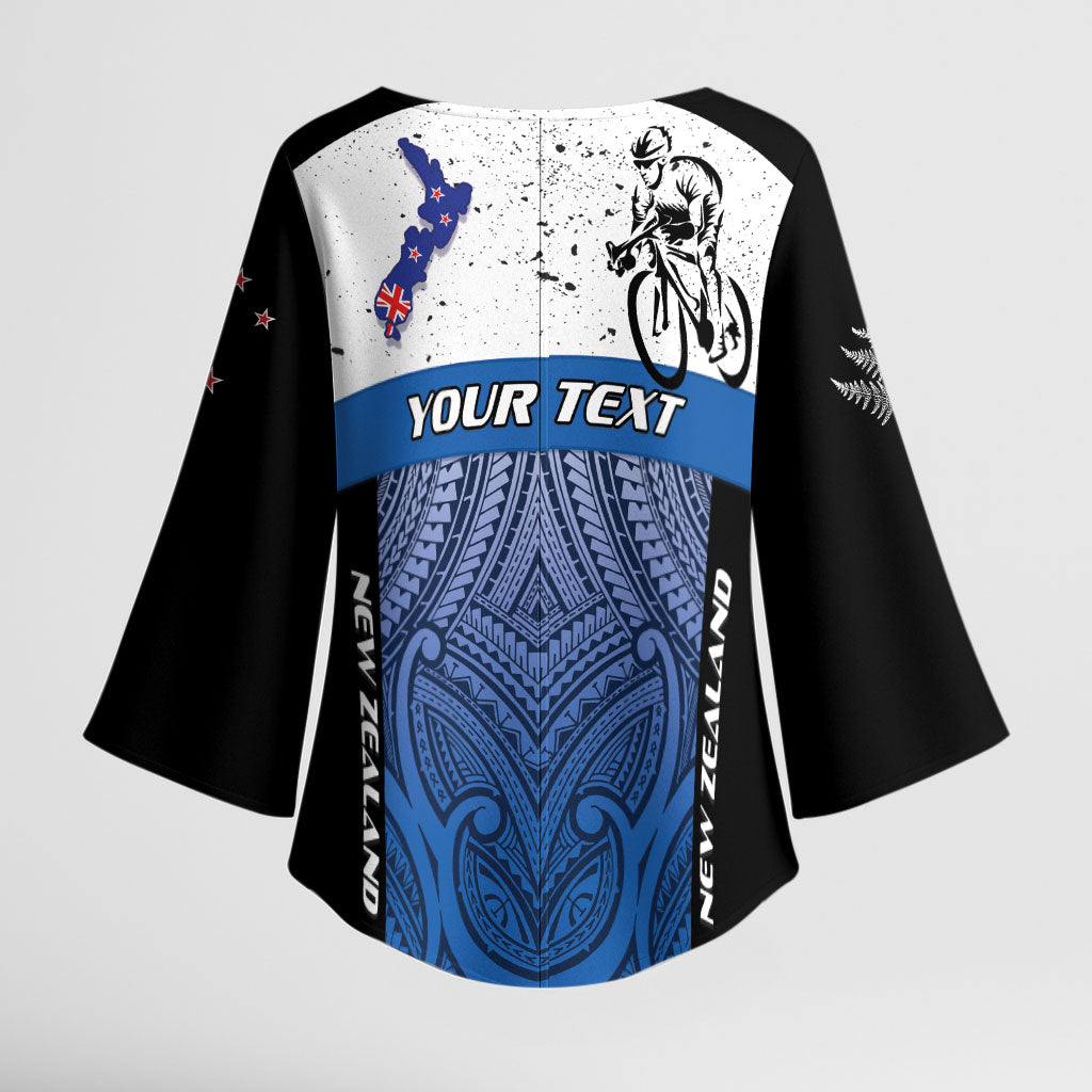 Personalised Cycling New Zealand Kimono Sleeve Blouse Aotearoa Map Fern Maori Pattern LT22 - Polynesian Pride