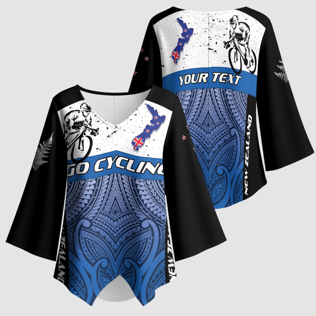 Personalised Cycling New Zealand Kimono Sleeve Blouse Aotearoa Map Fern Maori Pattern LT22 - Polynesian Pride