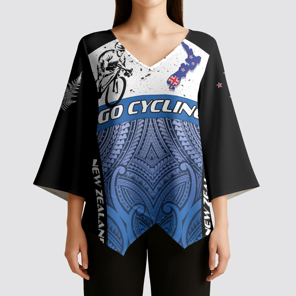 Personalised Cycling New Zealand Kimono Sleeve Blouse Aotearoa Map Fern Maori Pattern LT22 - Polynesian Pride