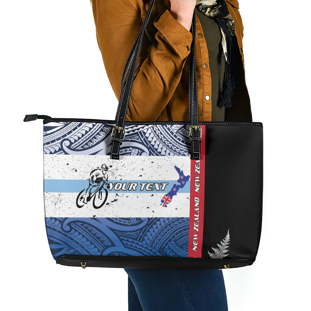 Personalised Cycling New Zealand Leather Tote Bag Aotearoa Map Fern Maori Pattern
