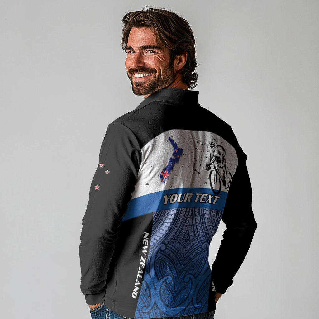 Personalised Cycling New Zealand Long Sleeve Polo Shirt Aotearoa Map Fern Maori Pattern LT22 - Polynesian Pride