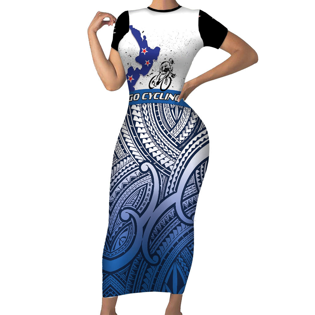 Personalised Cycling New Zealand Short Sleeve Bodycon Dress Aotearoa Map Fern Maori Pattern LT22 Long Dress Blue - Polynesian Pride