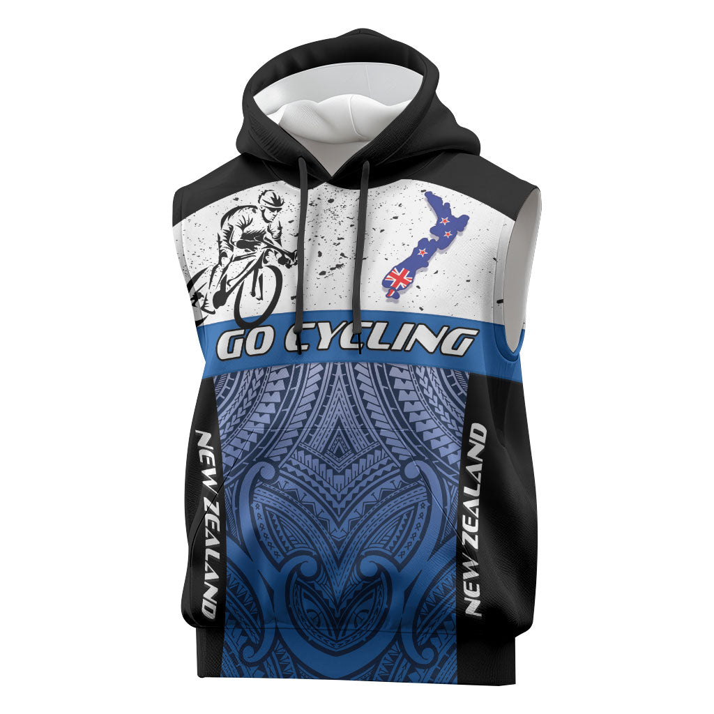 Personalised Cycling New Zealand Sleeveless Hoodie Aotearoa Map Fern Maori Pattern