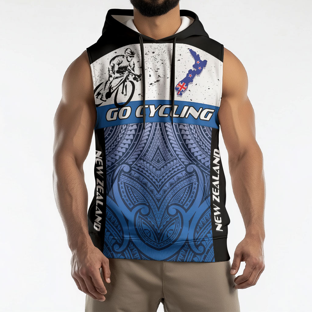Personalised Cycling New Zealand Sleeveless Hoodie Aotearoa Map Fern Maori Pattern