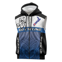 Personalised Cycling New Zealand Sleeveless Zip Hoodie Aotearoa Map Fern Maori Pattern