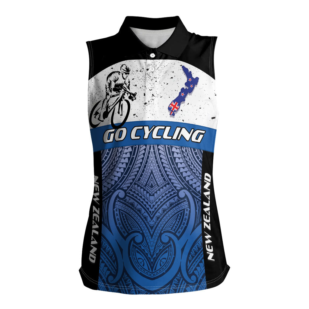 Personalised Cycling New Zealand Women Sleeveless Polo Shirt Aotearoa Map Fern Maori Pattern LT22 Female Blue - Polynesian Pride
