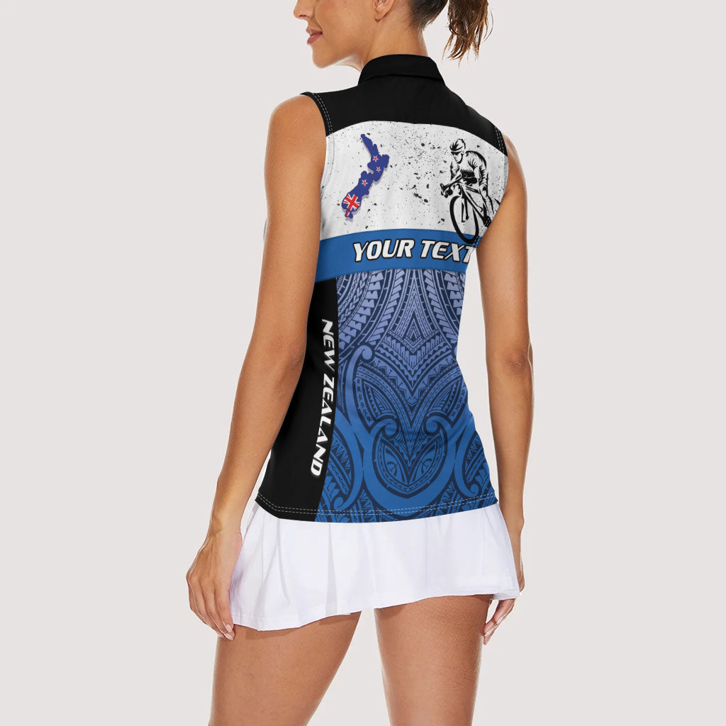 Personalised Cycling New Zealand Women Sleeveless Polo Shirt Aotearoa Map Fern Maori Pattern LT22 - Polynesian Pride