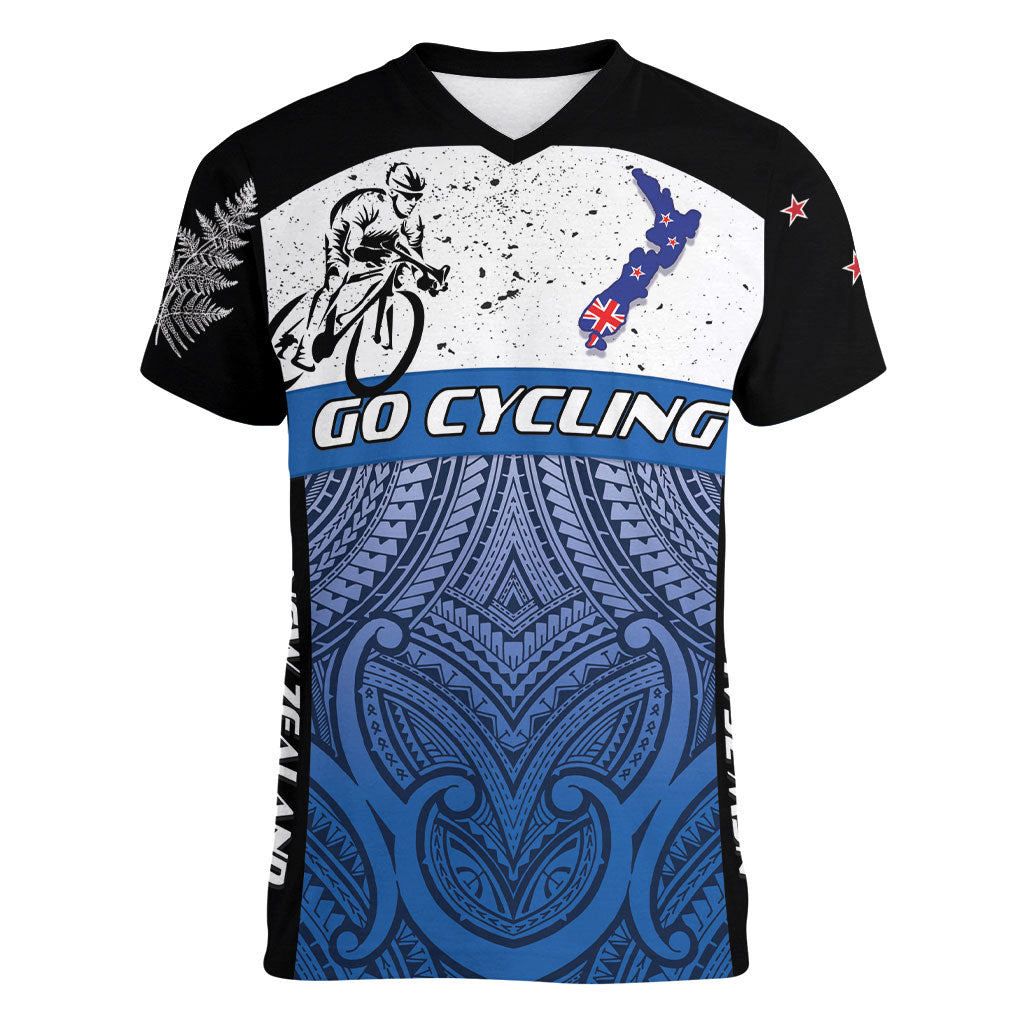Personalised Cycling New Zealand Women V-Neck T-Shirt Aotearoa Map Fern Maori Pattern LT22 Female Blue - Polynesian Pride