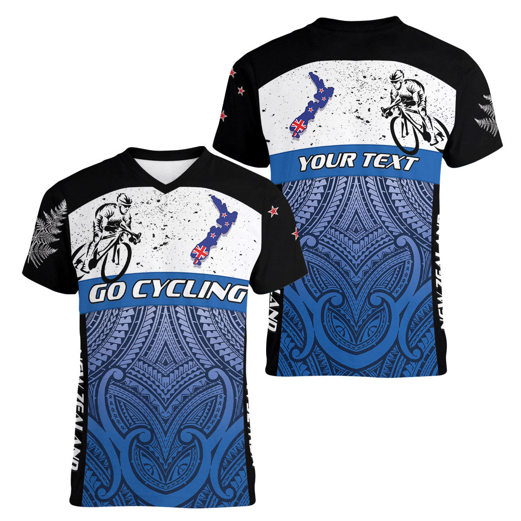Personalised Cycling New Zealand Women V-Neck T-Shirt Aotearoa Map Fern Maori Pattern LT22 - Polynesian Pride
