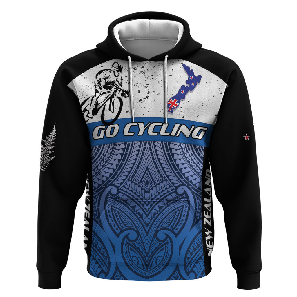 Personalised Cycling New Zealand Zip Hoodie Aotearoa Map Fern Maori Pattern
