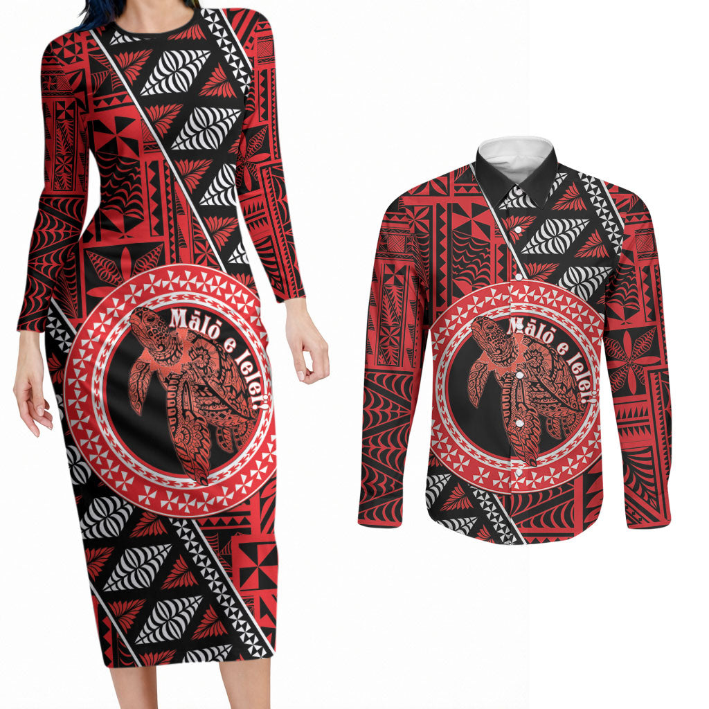 Personalised Tonga Language Week Couples Matching Long Sleeve Bodycon Dress and Long Sleeve Button Shirt Heilala Turtle Malo E Lelei LT22 Red - Polynesian Pride