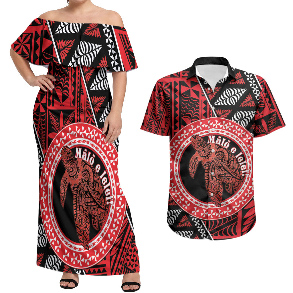 Personalised Tonga Language Week Couples Matching Off Shoulder Maxi Dress and Hawaiian Shirt Heilala Turtle Malo E Lelei LT22 Red - Polynesian Pride