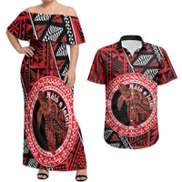 Personalised Tonga Language Week Couples Matching Off Shoulder Maxi Dress and Hawaiian Shirt Heilala Turtle Malo E Lelei LT22 Red - Polynesian Pride