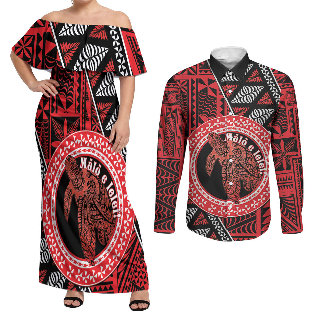 Personalised Tonga Language Week Couples Matching Off Shoulder Maxi Dress and Long Sleeve Button Shirt Heilala Turtle Malo E Lelei LT22 Red - Polynesian Pride