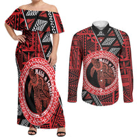 Personalised Tonga Language Week Couples Matching Off Shoulder Maxi Dress and Long Sleeve Button Shirt Heilala Turtle Malo E Lelei LT22 Red - Polynesian Pride
