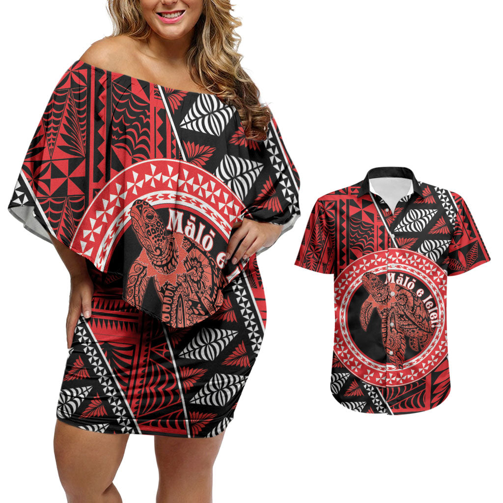 Personalised Tonga Language Week Couples Matching Off Shoulder Short Dress and Hawaiian Shirt Heilala Turtle Malo E Lelei LT22 Red - Polynesian Pride