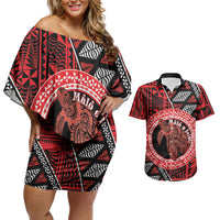 Personalised Tonga Language Week Couples Matching Off Shoulder Short Dress and Hawaiian Shirt Heilala Turtle Malo E Lelei LT22 Red - Polynesian Pride