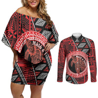 Personalised Tonga Language Week Couples Matching Off Shoulder Short Dress and Long Sleeve Button Shirt Heilala Turtle Malo E Lelei LT22 Red - Polynesian Pride