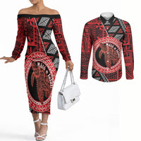 Personalised Tonga Language Week Couples Matching Off The Shoulder Long Sleeve Dress and Long Sleeve Button Shirt Heilala Turtle Malo E Lelei LT22 Red - Polynesian Pride