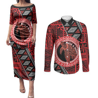 Personalised Tonga Language Week Couples Matching Puletasi and Long Sleeve Button Shirt Heilala Turtle Malo E Lelei LT22 Red - Polynesian Pride