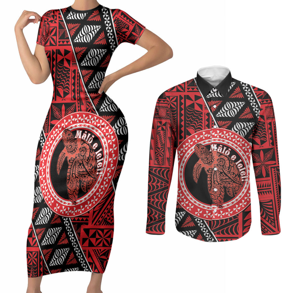 Personalised Tonga Language Week Couples Matching Short Sleeve Bodycon Dress and Long Sleeve Button Shirt Heilala Turtle Malo E Lelei LT22 Red - Polynesian Pride