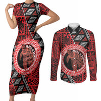 Personalised Tonga Language Week Couples Matching Short Sleeve Bodycon Dress and Long Sleeve Button Shirt Heilala Turtle Malo E Lelei LT22 Red - Polynesian Pride