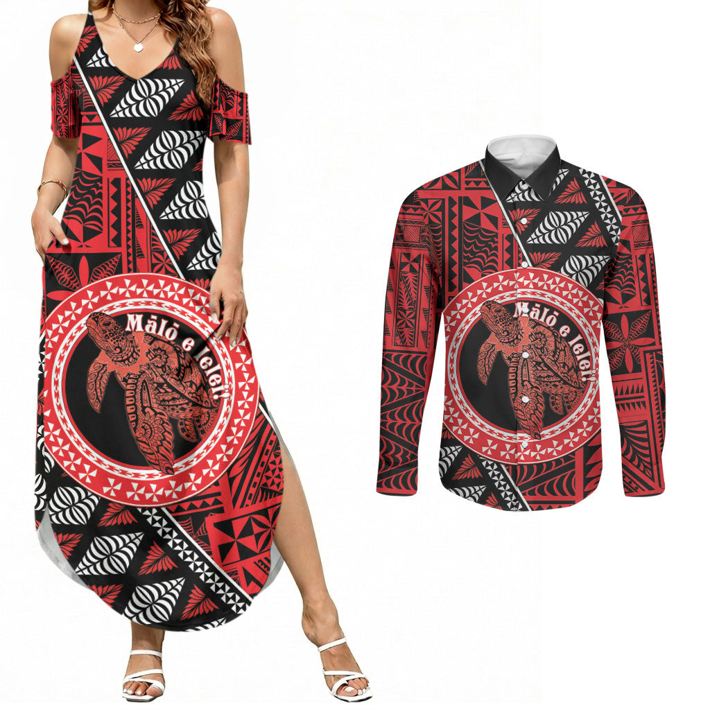Personalised Tonga Language Week Couples Matching Summer Maxi Dress and Long Sleeve Button Shirt Heilala Turtle Malo E Lelei LT22 Red - Polynesian Pride