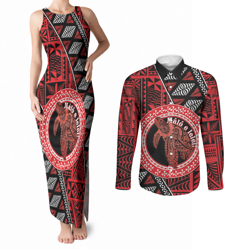 Personalised Tonga Language Week Couples Matching Tank Maxi Dress and Long Sleeve Button Shirt Heilala Turtle Malo E Lelei LT22 Red - Polynesian Pride