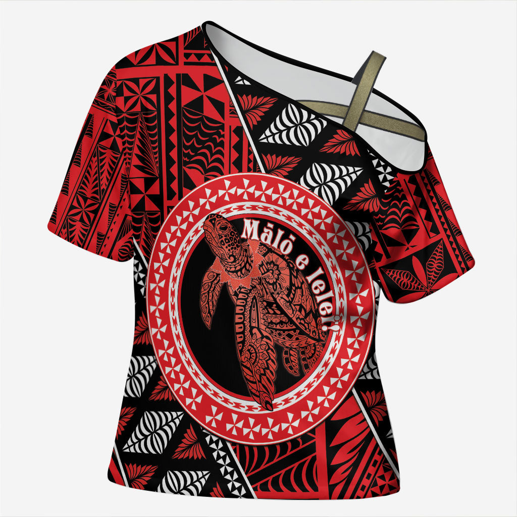 Personalised Tonga Language Week Cross Shoulder Shirt Heilala Turtle Malo E Lelei LT22 Female Red - Polynesian Pride