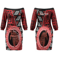 Personalised Tonga Language Week Family Matching Off The Shoulder Long Sleeve Dress and Hawaiian Shirt Heilala Turtle Malo E Lelei LT22 Mom's Dress Red - Polynesian Pride