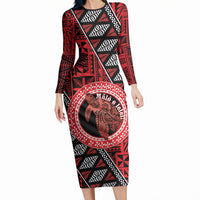 Personalised Tonga Language Week Long Sleeve Bodycon Dress Heilala Turtle Malo E Lelei LT22 Long Dress Red - Polynesian Pride