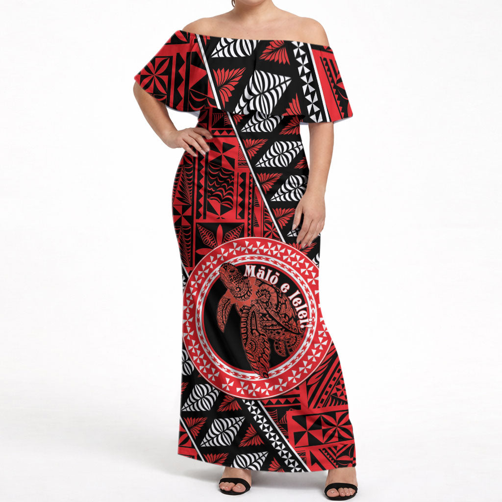Personalised Tonga Language Week Off Shoulder Maxi Dress Heilala Turtle Malo E Lelei LT22 Women Red - Polynesian Pride
