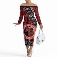 Personalised Tonga Language Week Off The Shoulder Long Sleeve Dress Heilala Turtle Malo E Lelei LT22 Women Red - Polynesian Pride